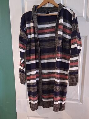 Striped Hooded Open-Front Cardigan in Navy, Rust, Cream, and Olive